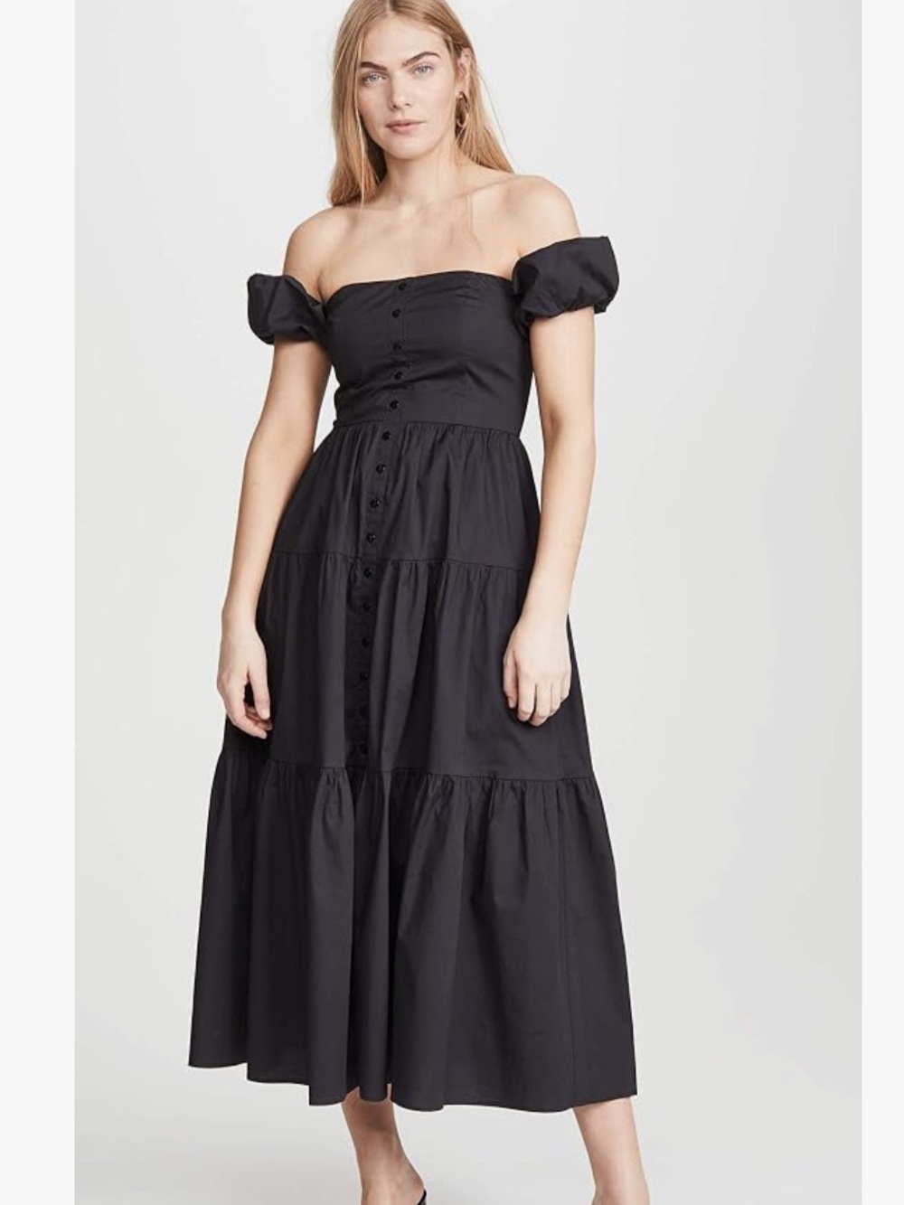 STAUD Elio Off-Shoulder Tiered Midi Dress in Black